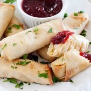 thanksgiving egg rolls on a plate with cranberry sauce