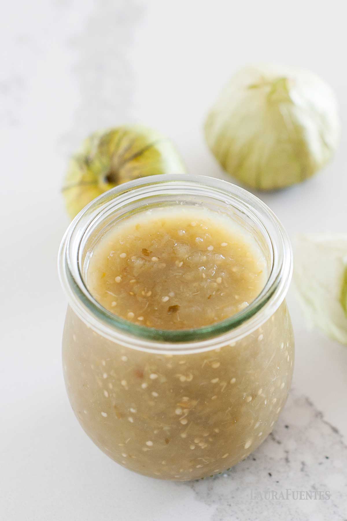roasted tomatillo salsa verde in a jar