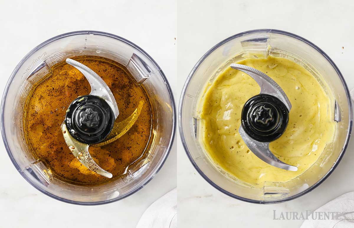 on the left, dressing ingredients in a blender. On the right, the dressing ready.
