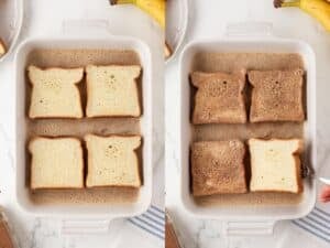 left: four sandwich bread slices soaking banana egg mixture in a baking dish; right, three of the slices flipped and soaked with the mixture, and one being flipped