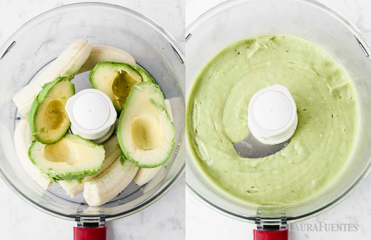 on the left: avocados and bananas in the food processor. On the right: avocados and bananas blended
