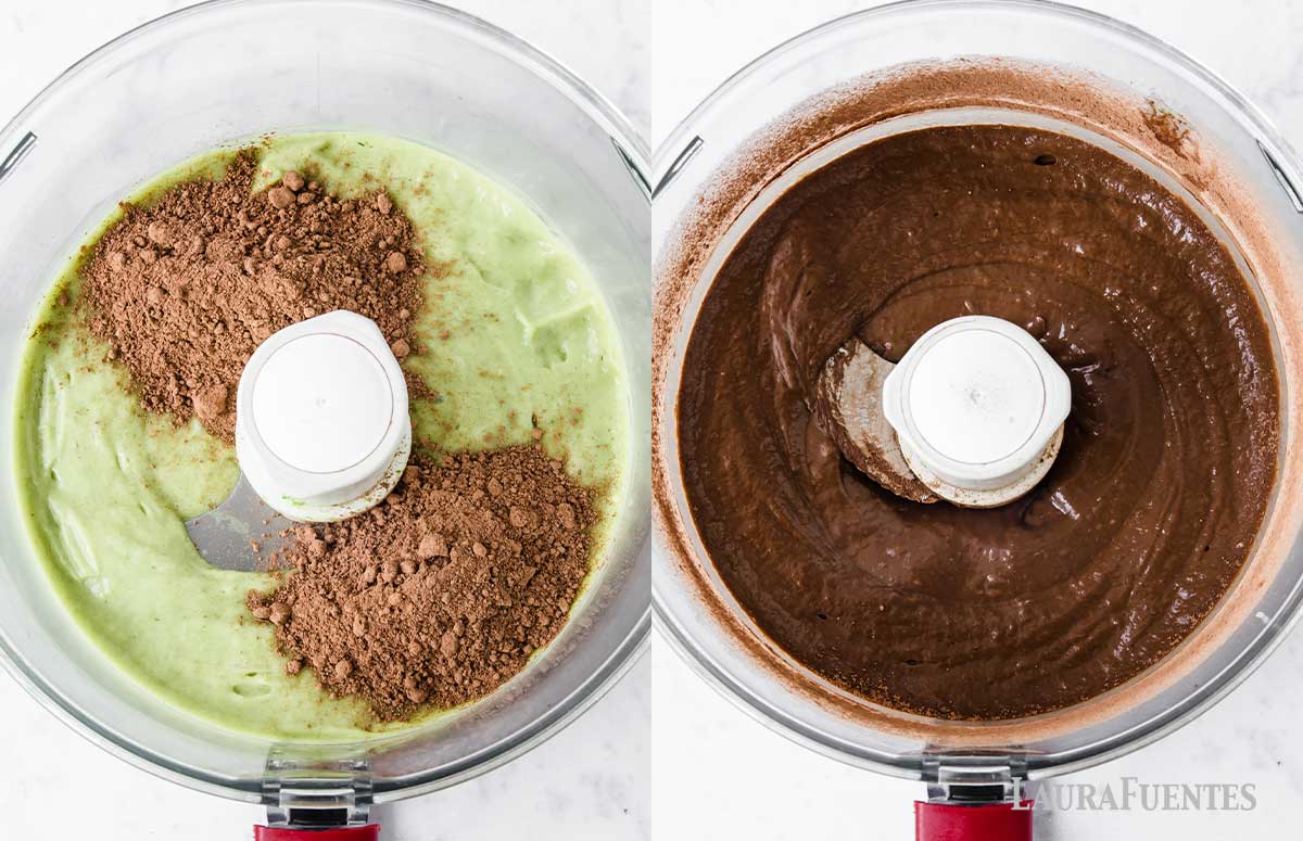 on the left: avocados and bananas with cocoa powder on top in the food processor. On the right: all mousse ingredients blended