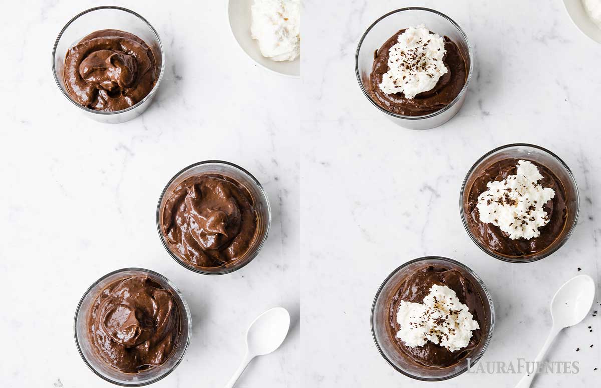 on the left: chocolate avocado mousse in small bowls. On the right: the same mousse topped with whipped cream and shredded chocolate.