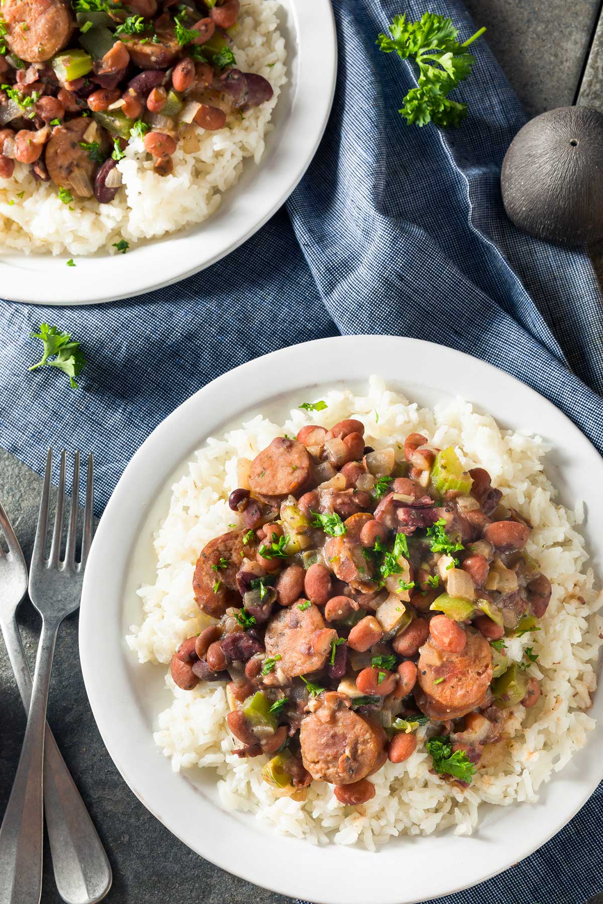 two large plates of red beans and rice