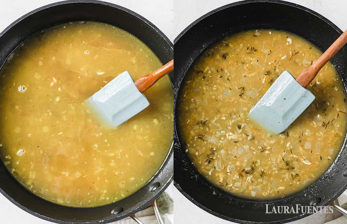 on the left: white wine sauce. On the right: the same sauce thicker