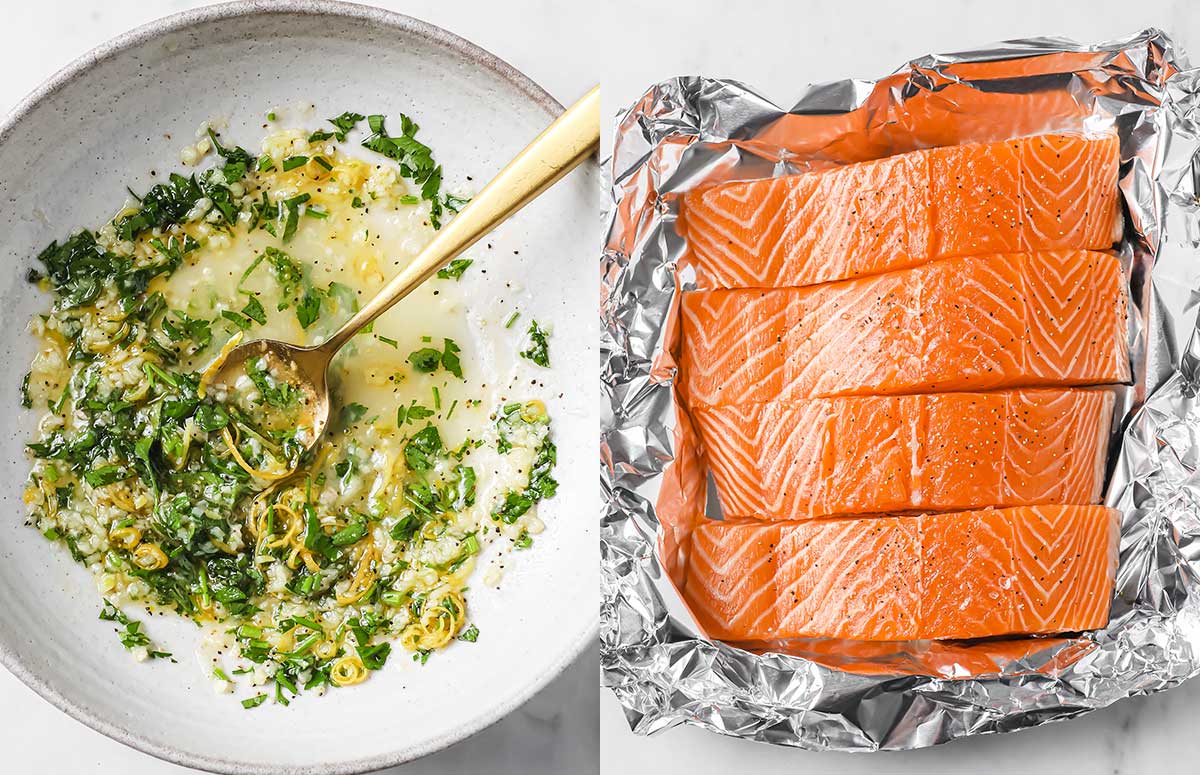 on the left: garlic butter sauce. On the right: salmon fillets on foil