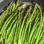 overhead view of asparagus in a pan