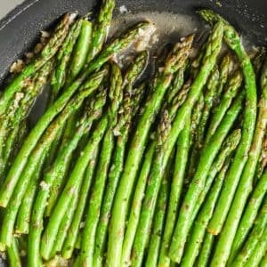 overhead view of asparagus in a pan