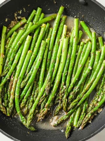 overhead view of asparagus in a pan