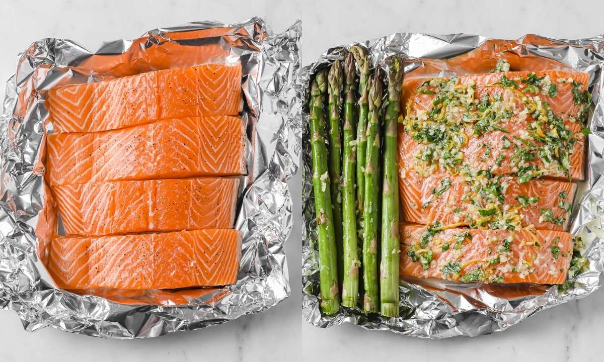 Left: salmon fillets in foil; right: salmon fillets in foil topped with garlic butter and asparagus on the side