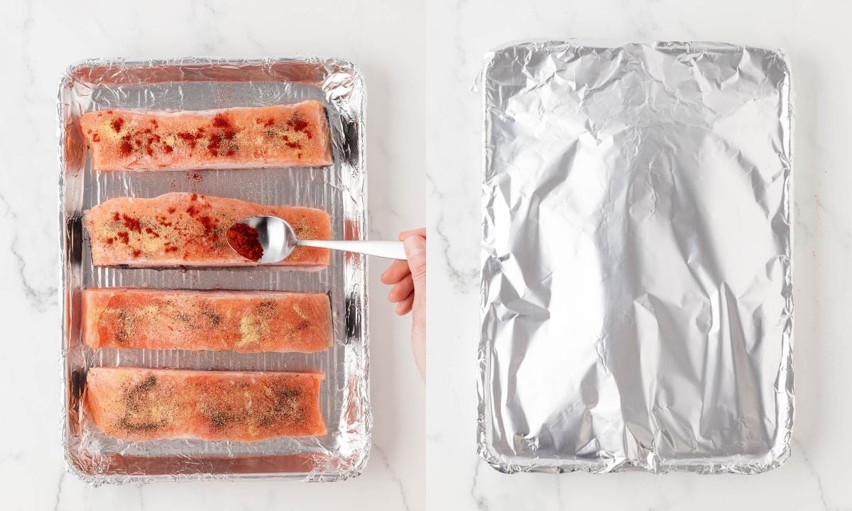 two image collage showing the steps for how to baked frozen salmon. on left, the frozen salmon pieces are on a sheet pan lined with foil, a spoon is spreading the seasoning mix over the salmon pieces. on the right, the sheet pan has been covered with foil for the first baking period