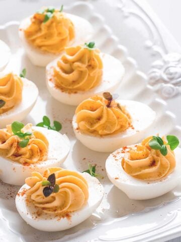 a tray with cajun deviled eggs