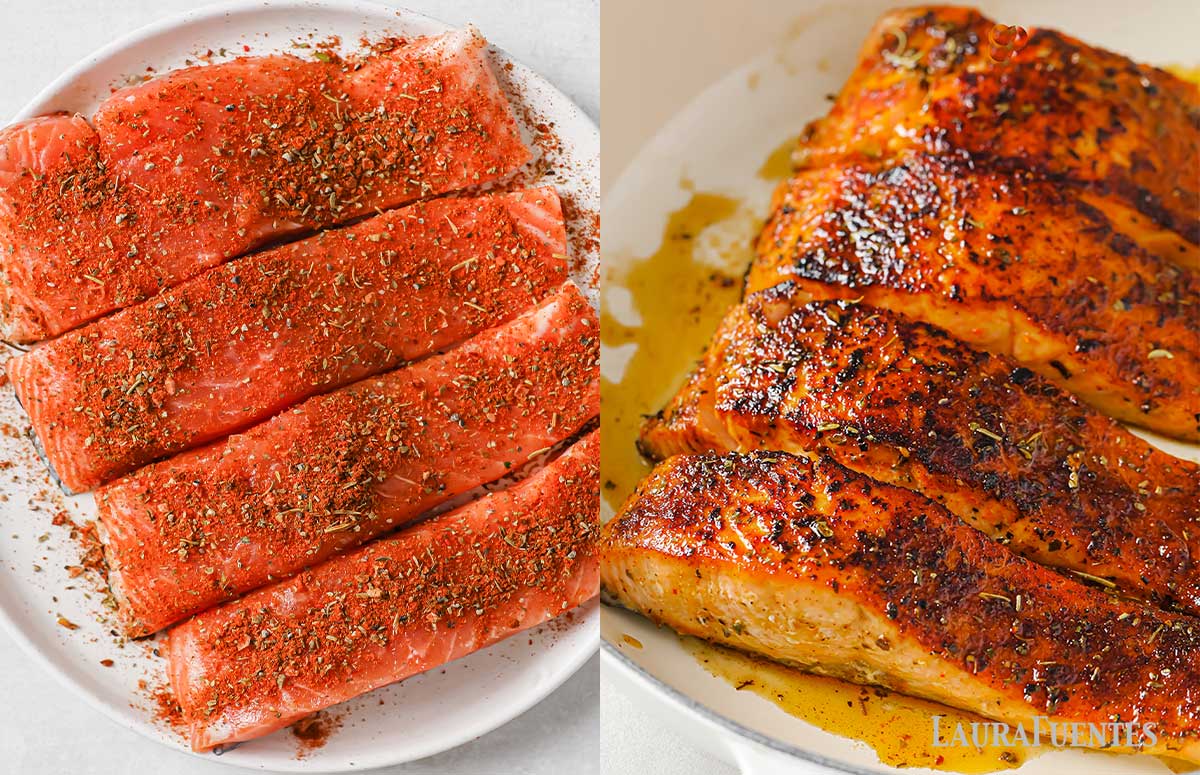 on the left: raw salmon seasoned. On the right: four cooked salmon fillets.