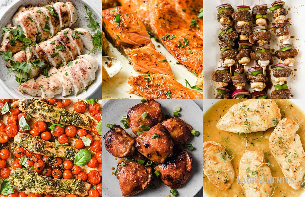 an image collage of main courses to serve with mashed potatoes
