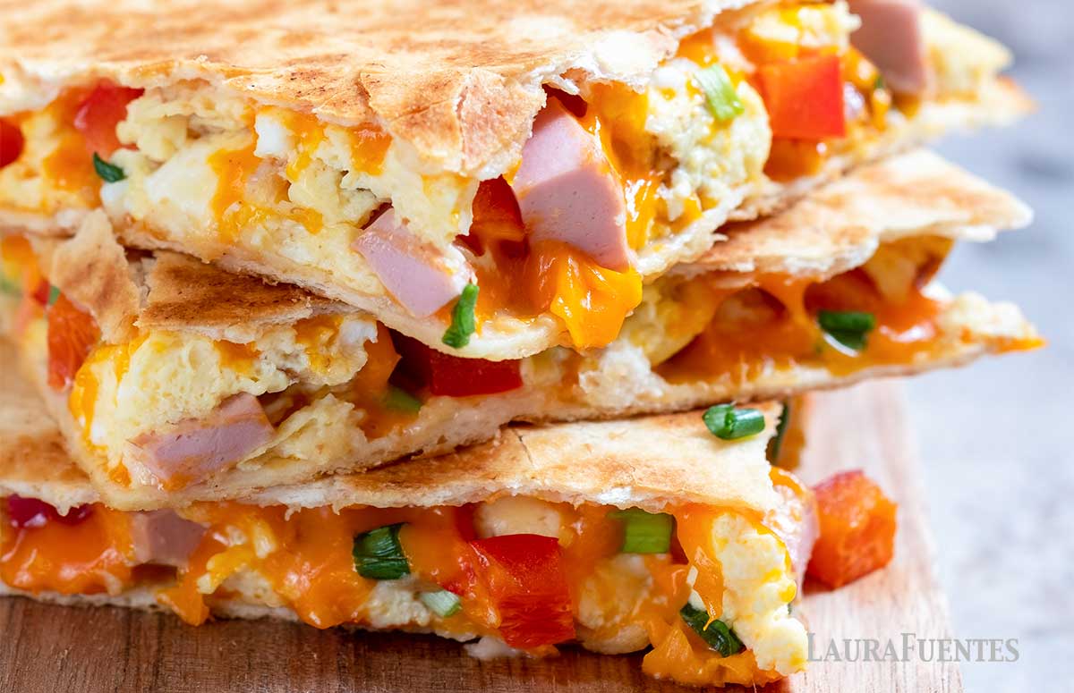 closeup of stacked breakfast quesadilla slices
