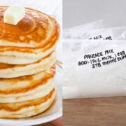 side by side image of stack of pancakes and zip bags of homemade pancake mix