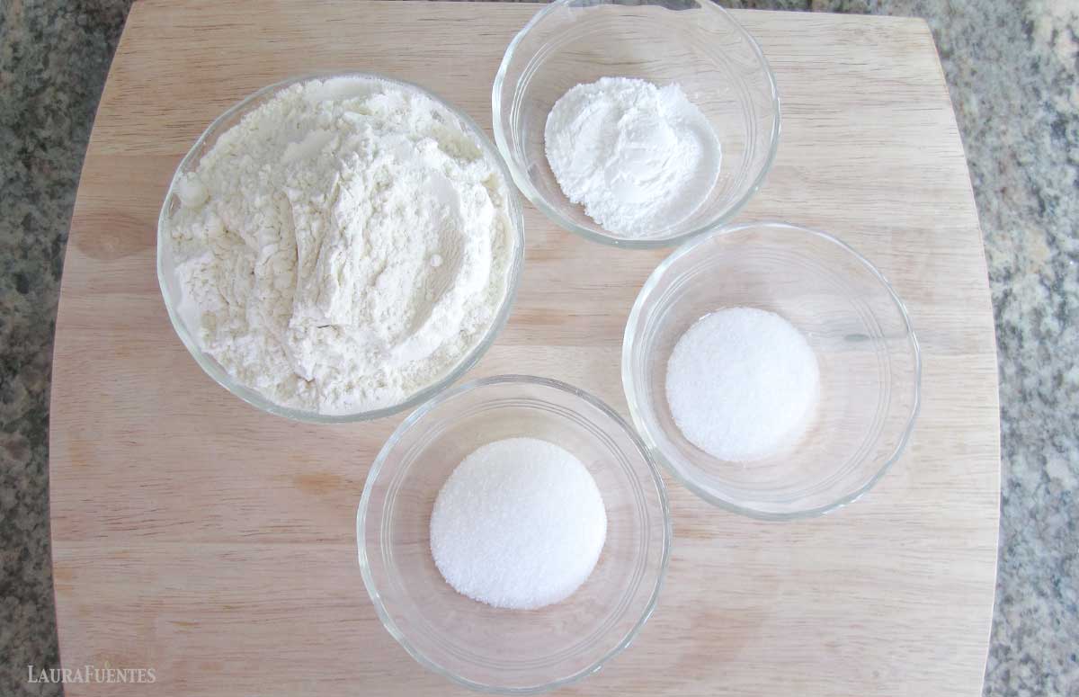 four small bowls of homemade pancake mix ingredients