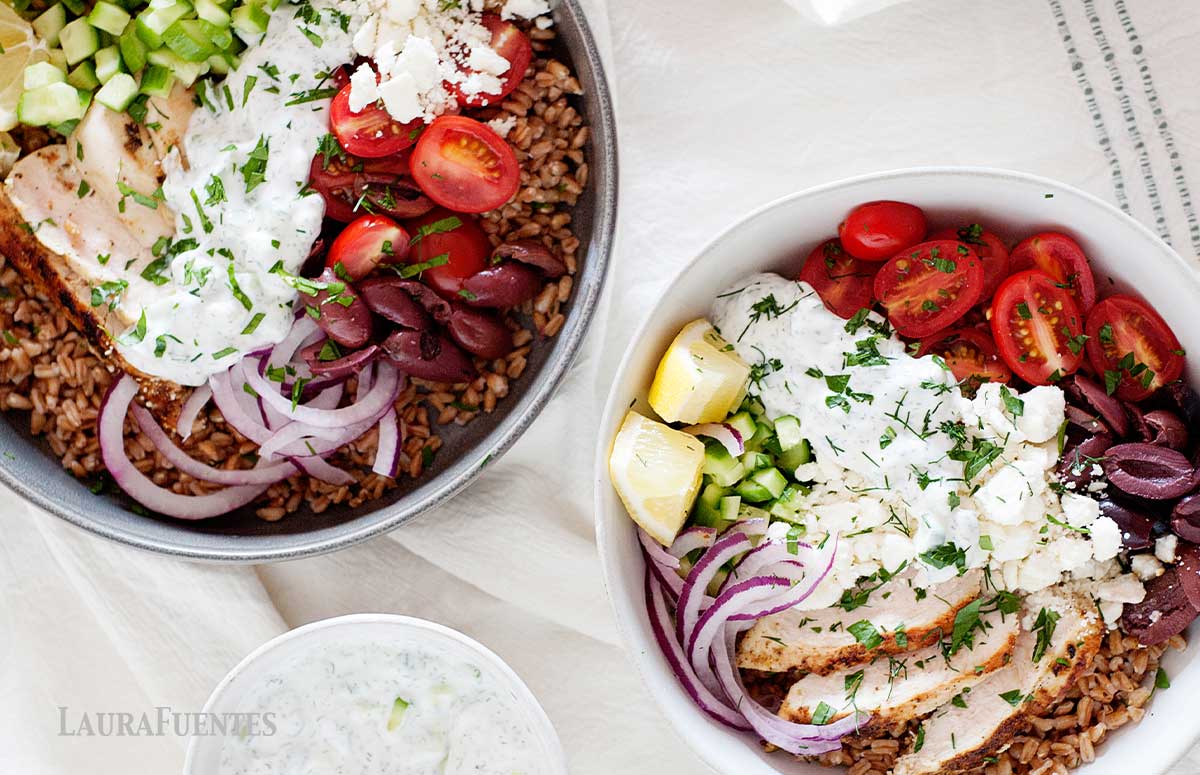 two Mediterranean farro bowls