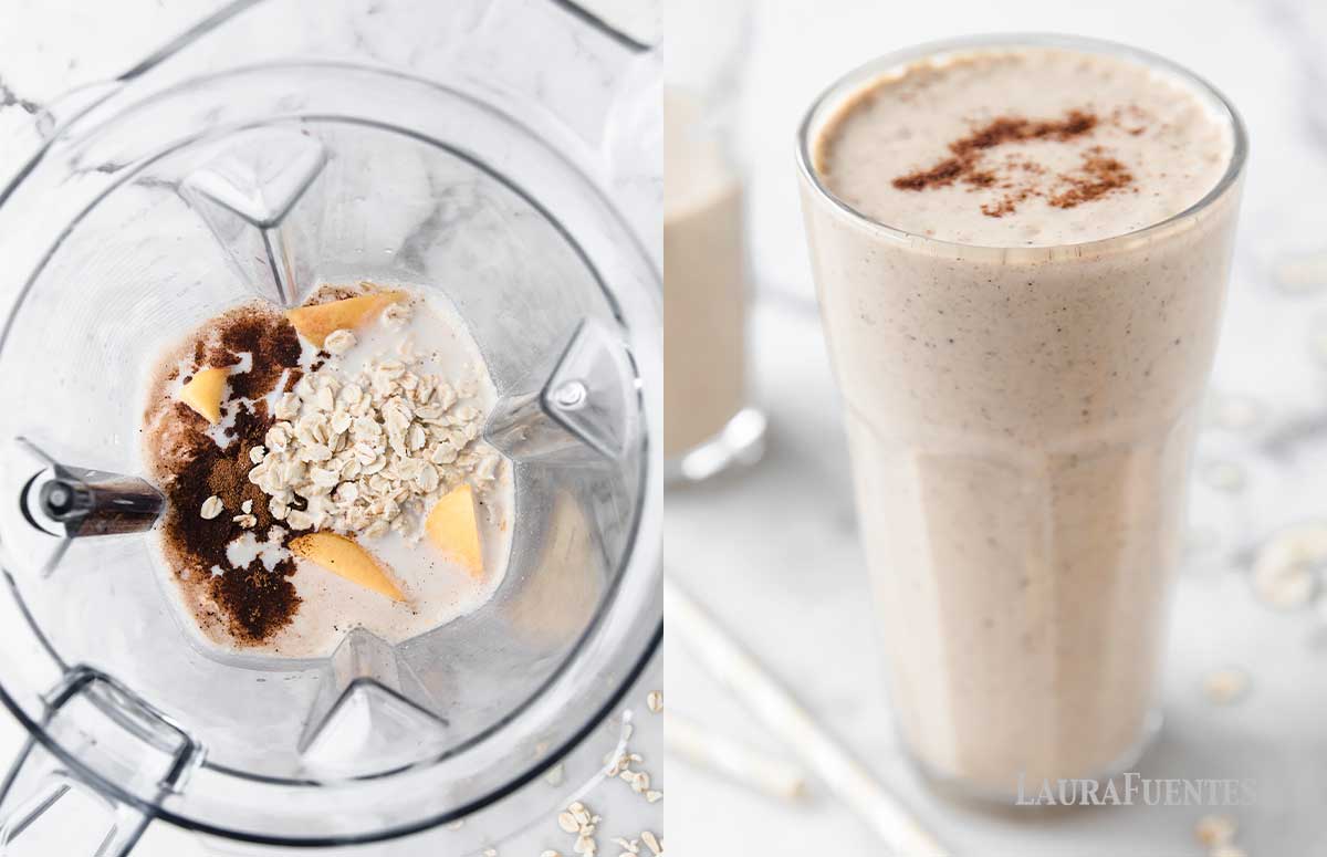 side by side photos of smoothie ingredients in a blender topped with oats and a thick peach smoothie