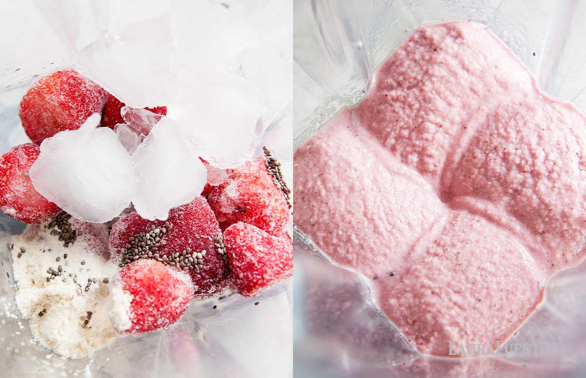side by side of smoothie ingredients in a blender before and after blending