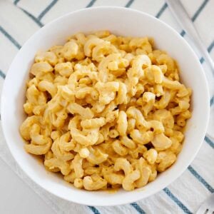closeup of a large bowl of macaroni and cheese