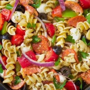 closeup of pizza pasta salad