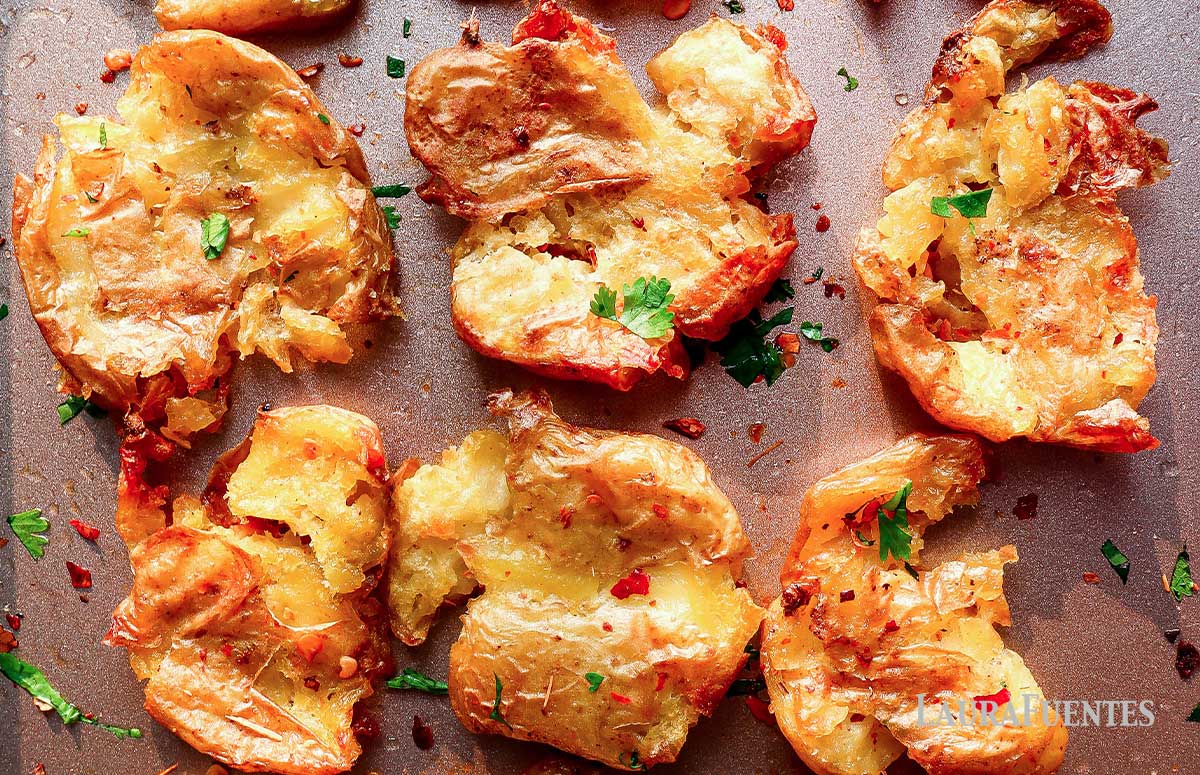 closeup on smashed potatoes
