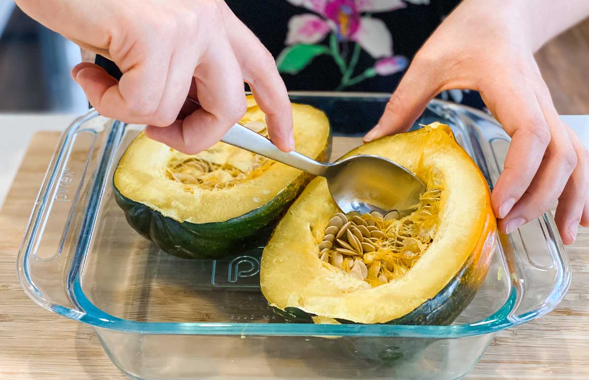 removing seeds from microwaved acorn squash