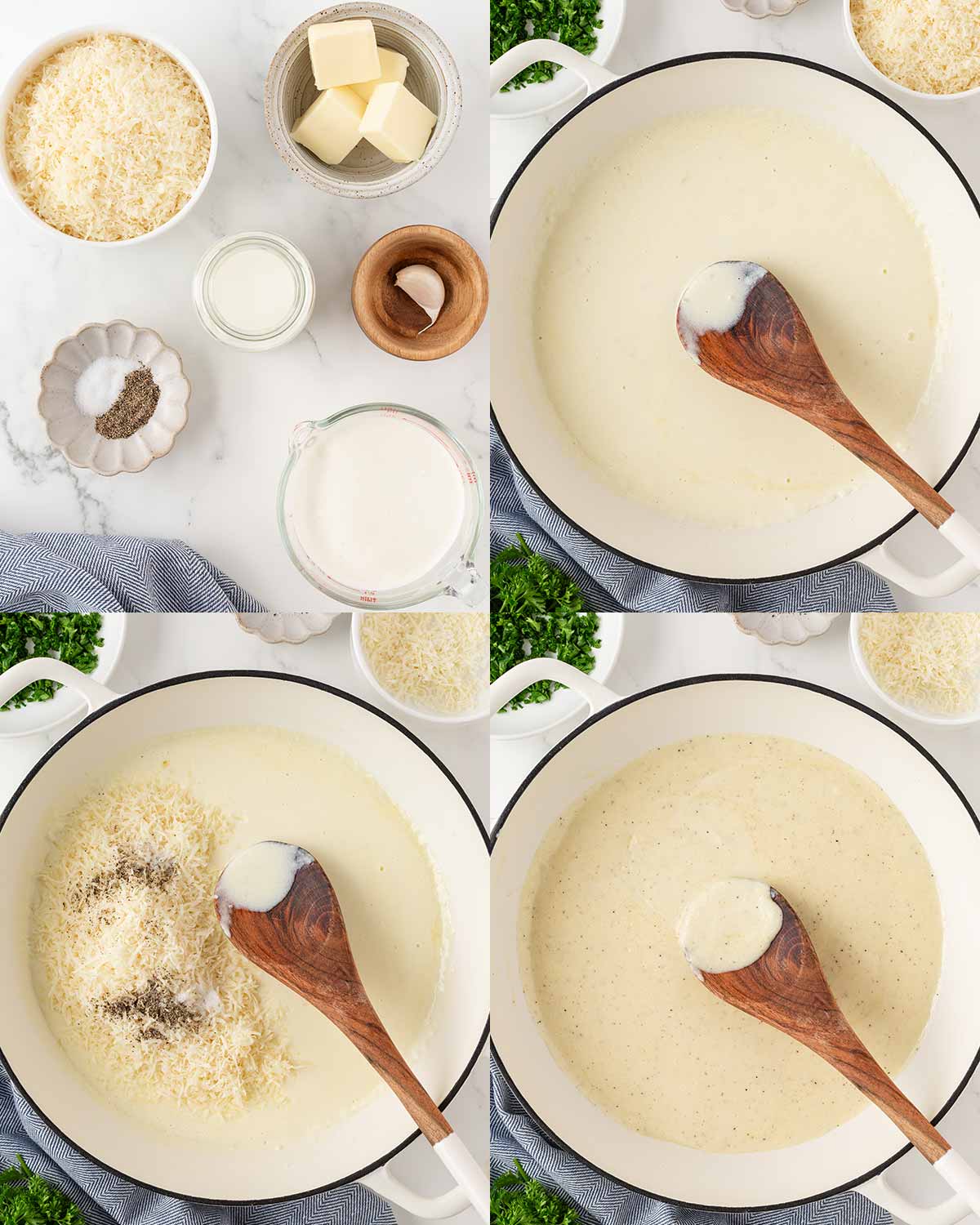 collage of making homemade alfredo sauce. top left: ingredients in bowls, top right, the liquids warming up in a pan, bottom left, added the parmesan cheese and seasoning, bottom right, sauce after simmering in the large pan