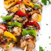 closeup of grilled chicken kabobs