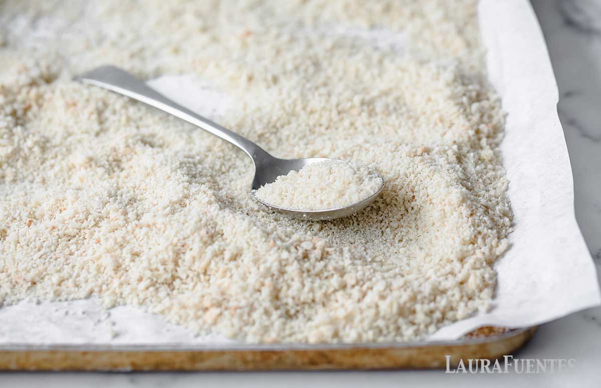 sheet pan of panko with a spoon