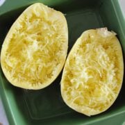 two spaghetti squash halves after being cooked