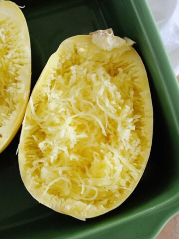 closeup of cooked spaghetti squash half