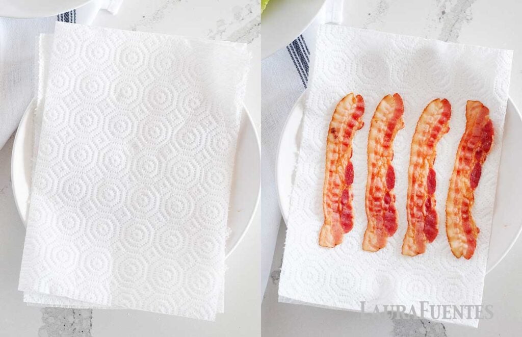 side by side images of a plate covered in paper towels and a plate with paper towels and cooked bacon