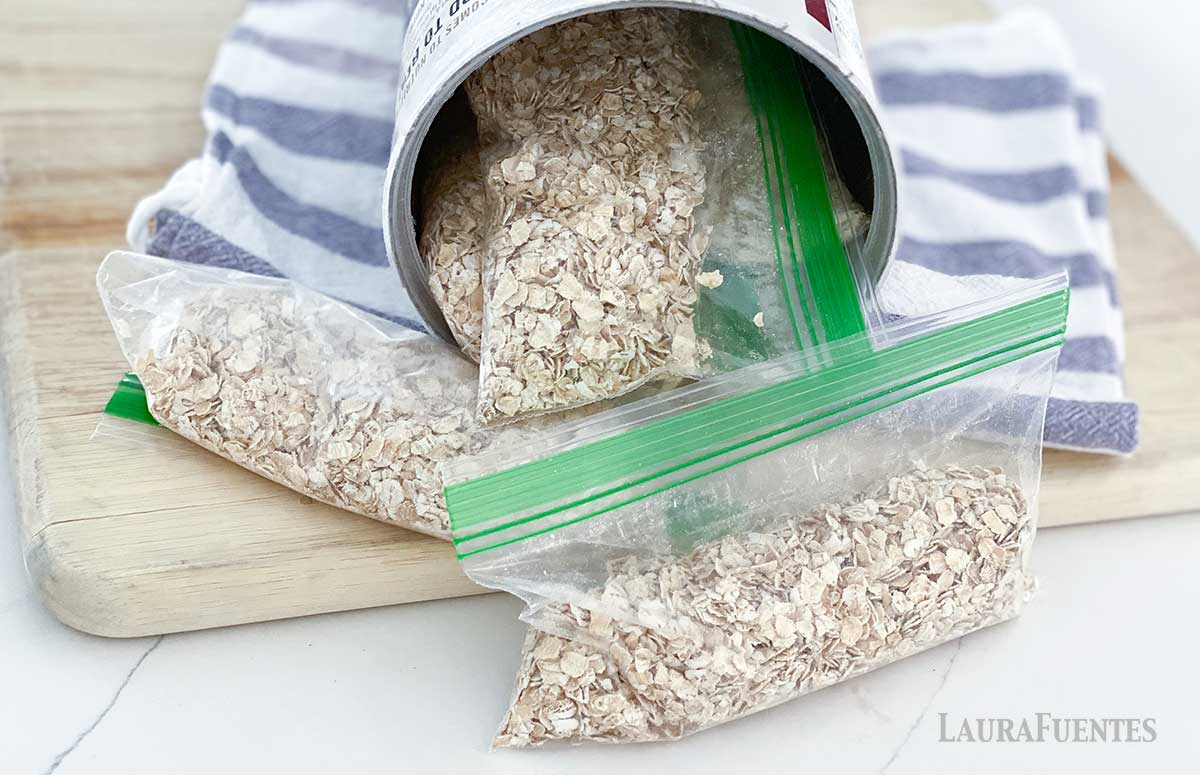 An oat canister with homemade instant oatmeal packets