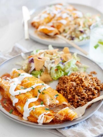 a plate with rotisserie chicken enchiladas, Mexican rice, and tortilla strip salad.