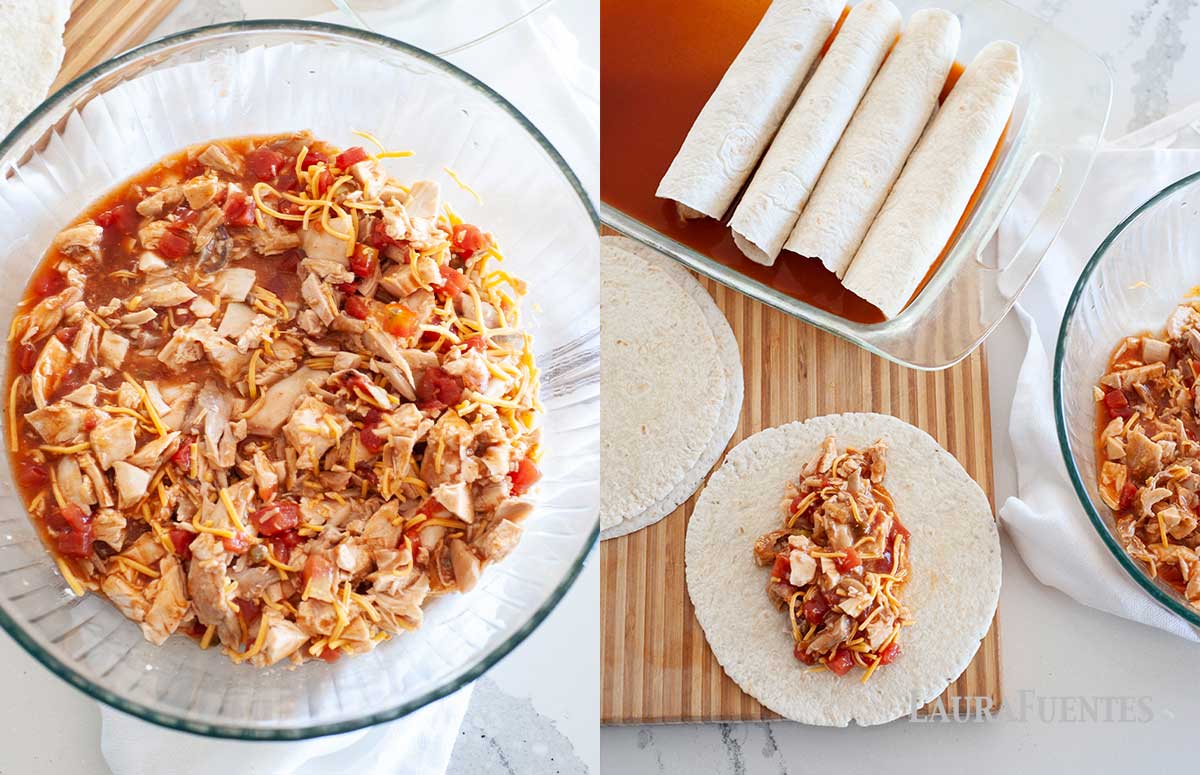 on the left, a bowl with shredded chicken mixed with enchilada sauce, tomatoes and green chili. On the right: a baking dish with chicken enchiladas and a tortilla with chicken filling.