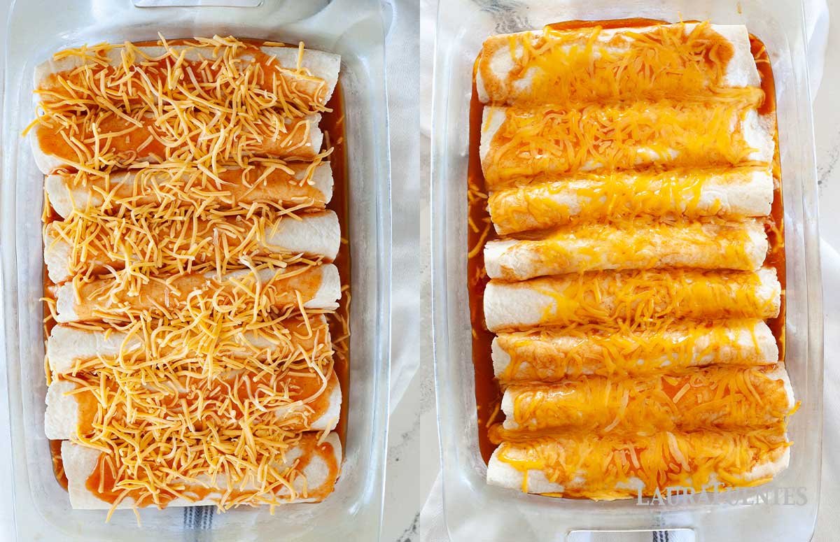 On the left: eight enchiladas with shredded cheese on top. On the right: the same enchiladas cooked.
