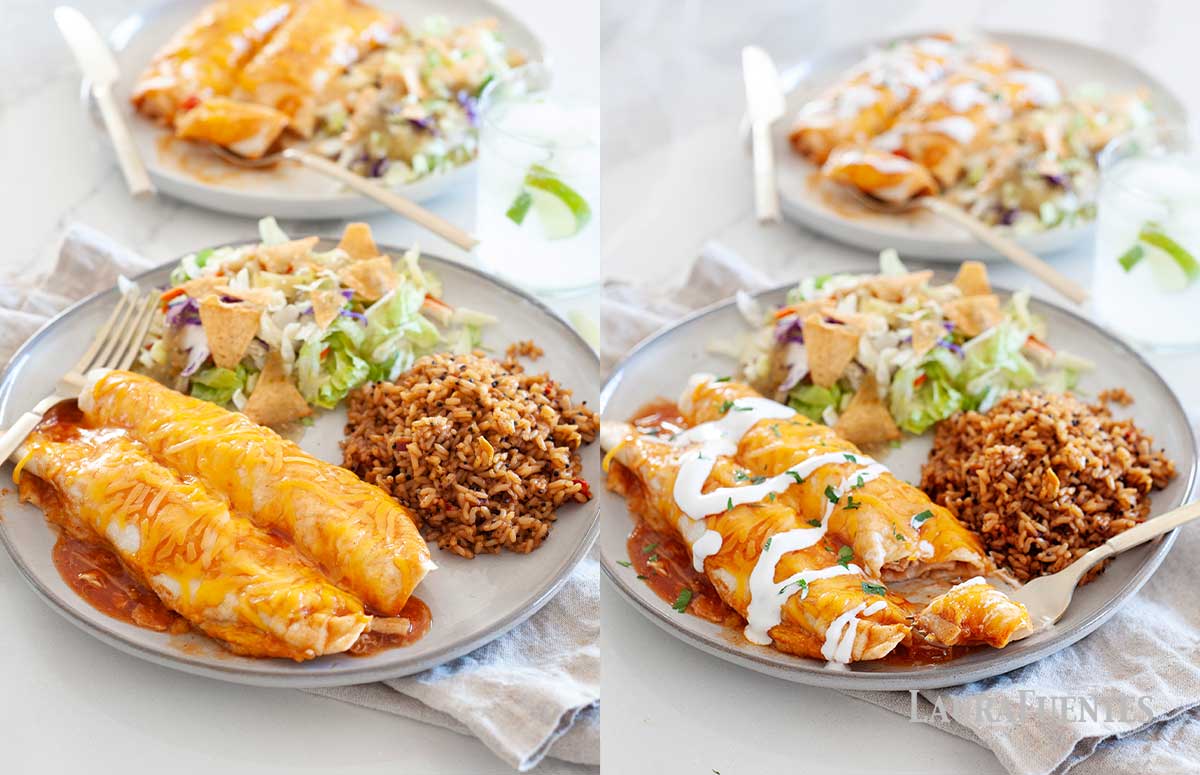 On the left: a plate with rotisserie chicken enchiladas, Mexican rice, and tortilla strip salad. On the right, the same plate with enchiladas topped with sour cream and cilantro, and a fork.