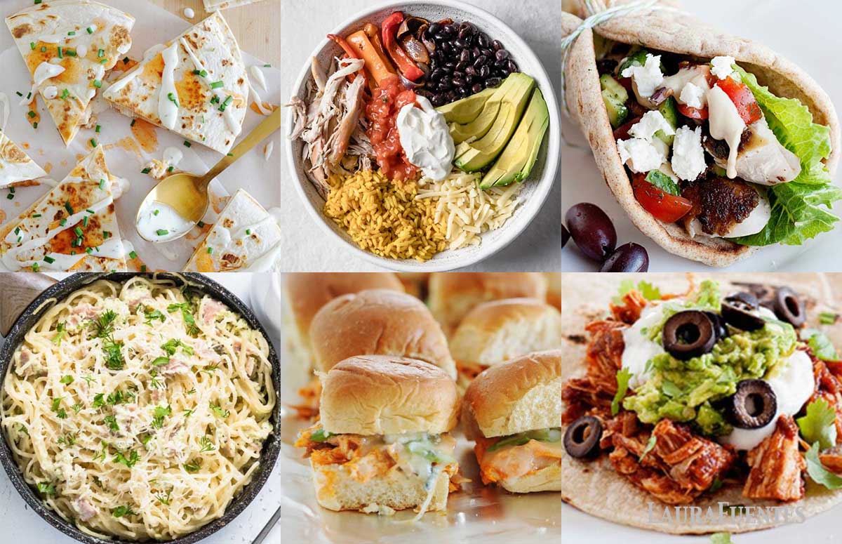 an image collage of shredded rotisserie chicken recipes