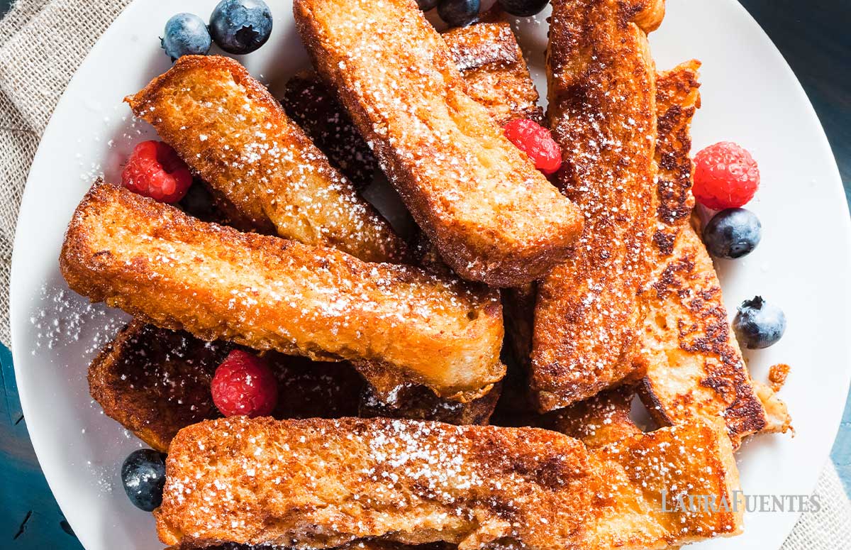 overhead pile of French toast sticks for breakfast