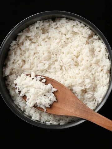 overhead view of rice on the stove