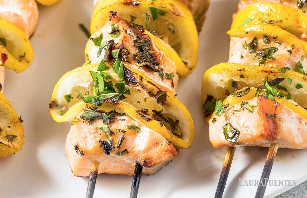 grilled salmon kabobs on a plate