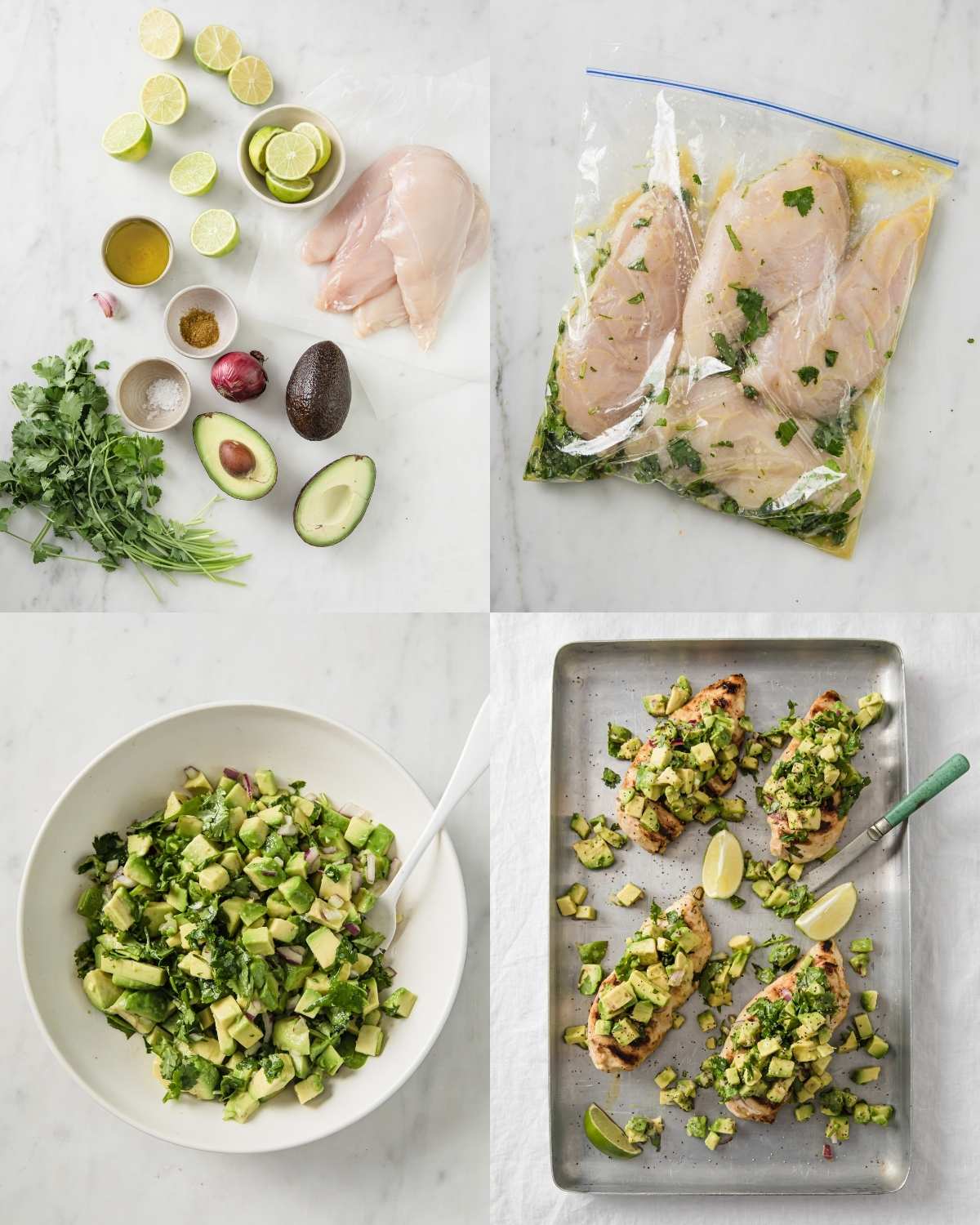 Top left: raw chicken breasts surrounded by avocados, lime slices, cilantro, red onion, garlic, olive oil, and seasonings. Top right: chicken breasts marinating in a zip bag. Bottom left: diced avocado mixed with chopped cilantro, red onion, and lime juice in a bowl. Bottom right: baked chicken breasts topped with fresh avocado salsa on a sheet pan with lime wedges on the side