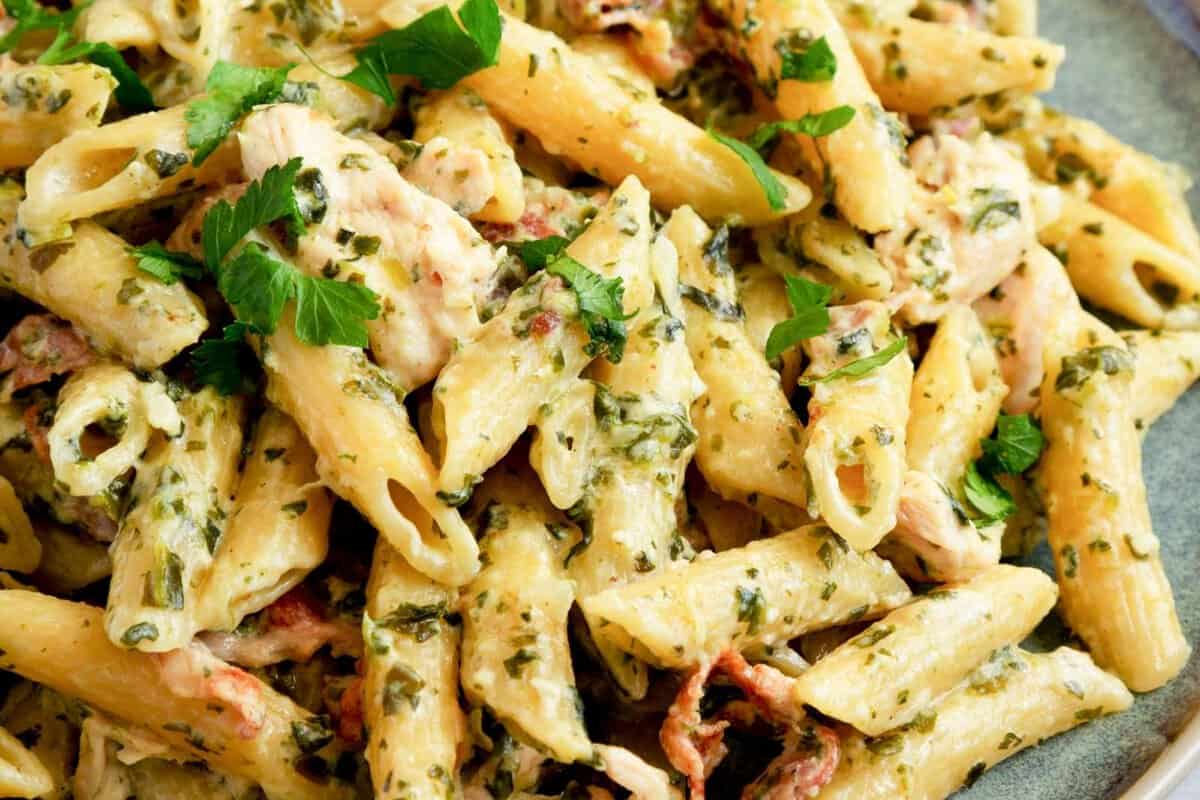 close up view of a garlic and herb pasta with rotisserie chicken