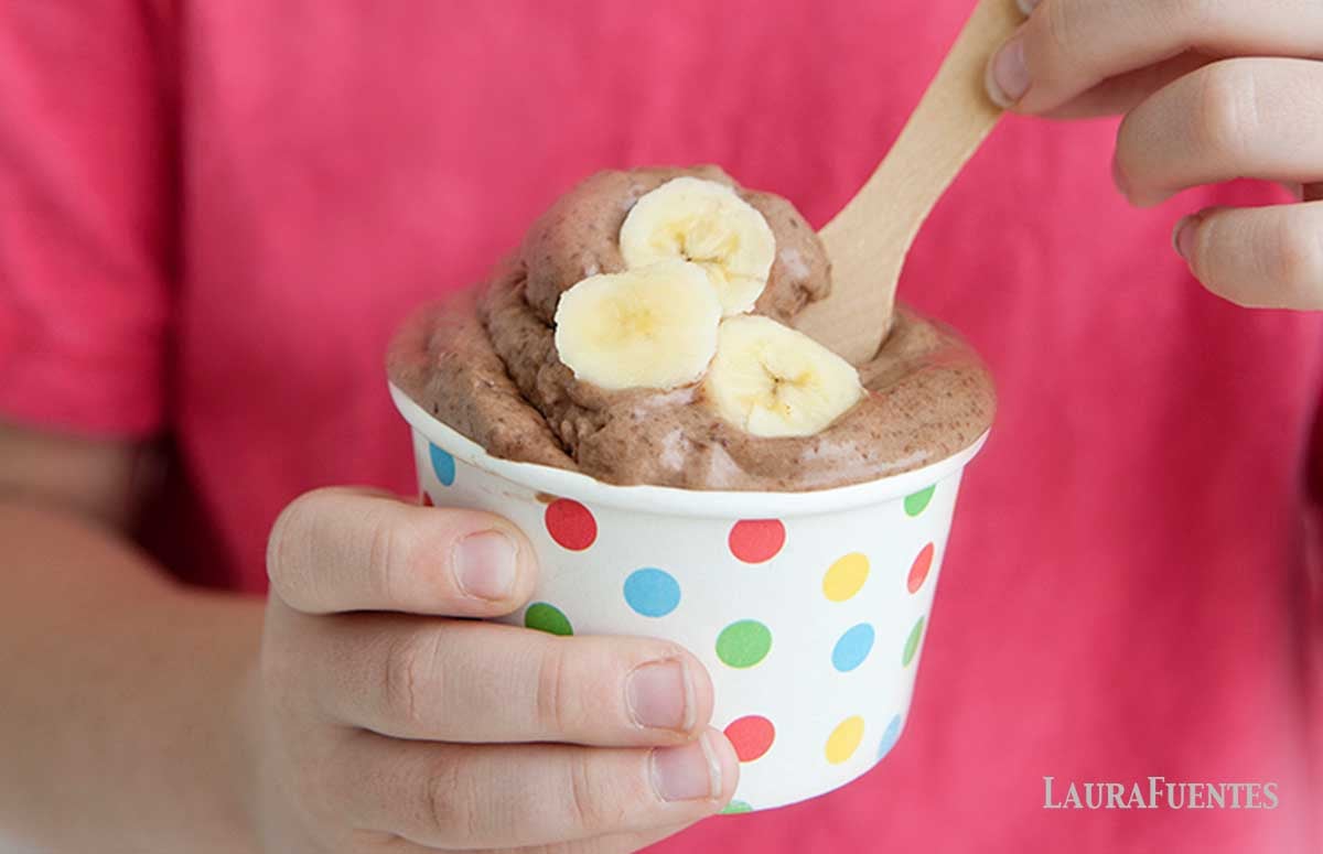 chocolate ice cream topped with banana slices