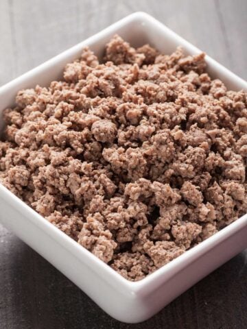 large square bowl of cooked ground beef