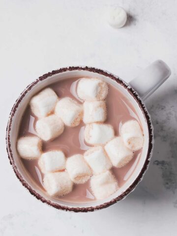 large mug of creamy hot cocoa topped with mini marshmallows