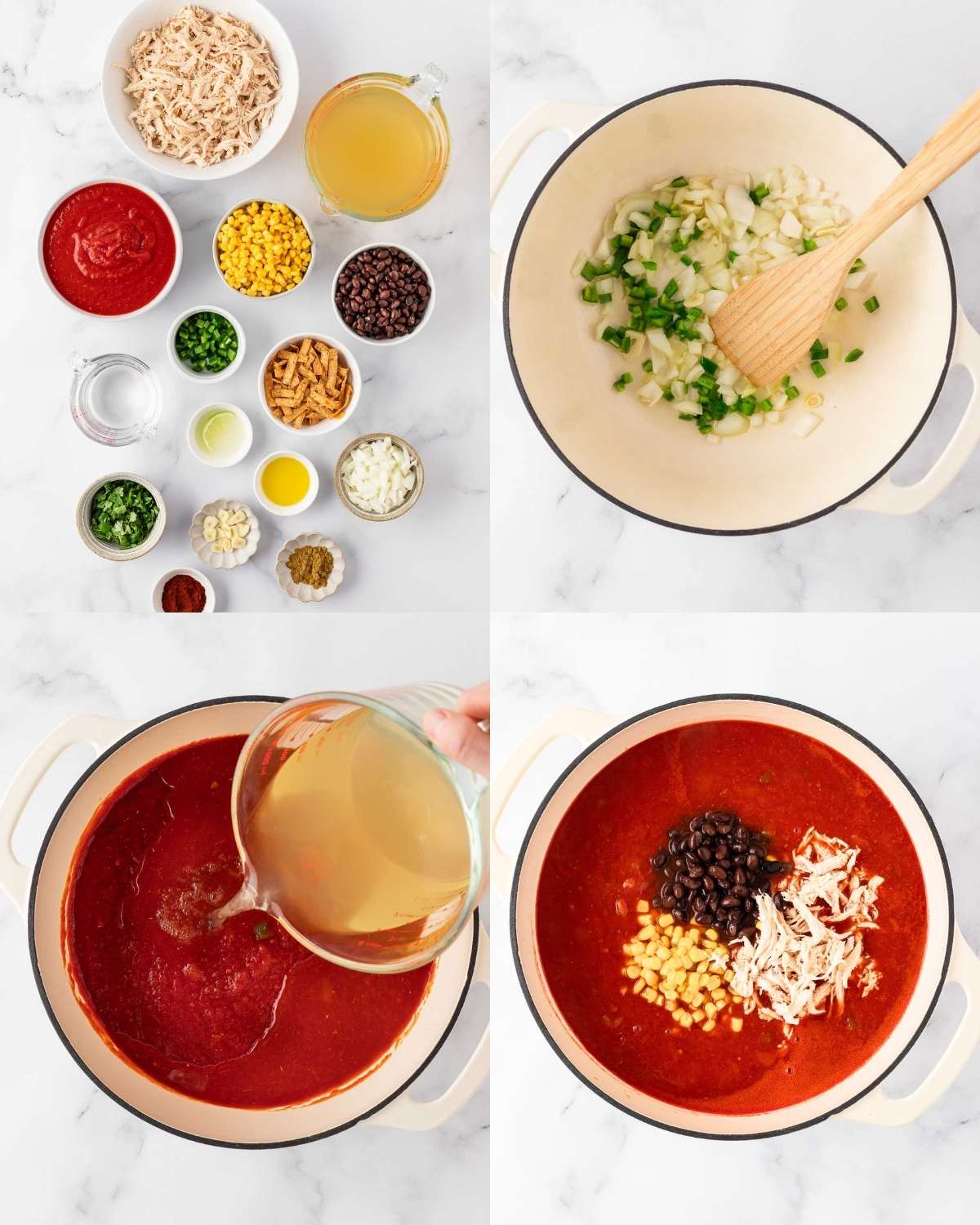 ingredients and steps to make chicken tortilla soup with rotisserie chicken. Top left is an overhead view of all ingredients. top right is step of sautéing the onions, bottom left is adding the liquids (broth) to the pot, and bottom right is final step of adding the canned corn, canned black beans, and cooked rotisserie chicken