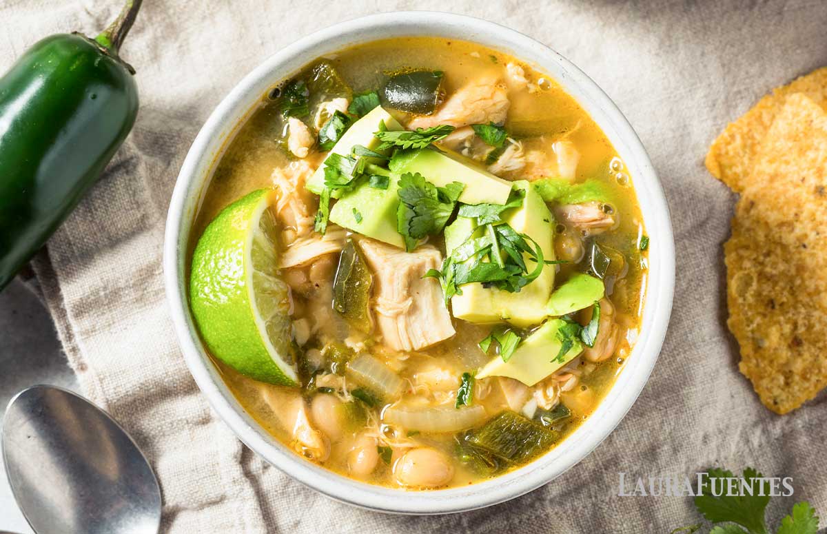 a bowl with white chicken chili